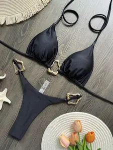 Two-piece Set Women's Solid Color Bikini Set, Casual Fashion Chic Bikini Top & High Cut Swim Bottom Set, Ladies Swimwear for Beach Holiday Vacation, Bikini Bottom Buddies