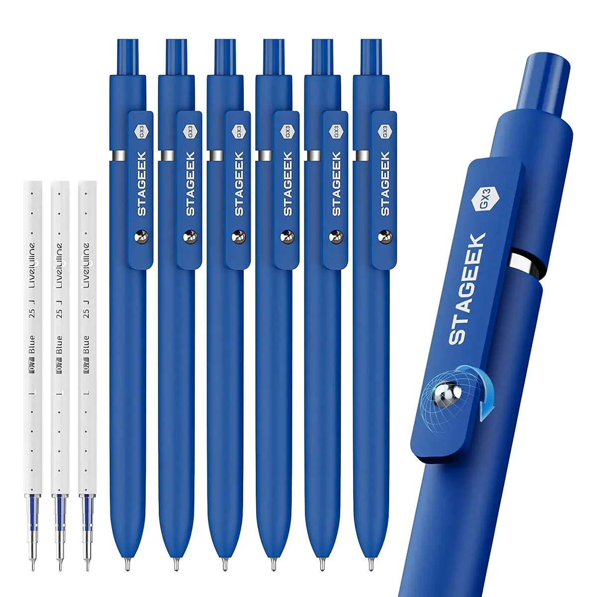 [Back to School Shopping] STAGEEK Blue Gel Pens, 6Pcs Quick Dry Blue Ink Pens with 3 Extra Refills, 0.7mm & 0.5mm Fine Point Retractable Pens for Journaling, Office, Note Taking, School Supplies, Cute Nurse Aesthetic (Blue, Black, Gray, White)