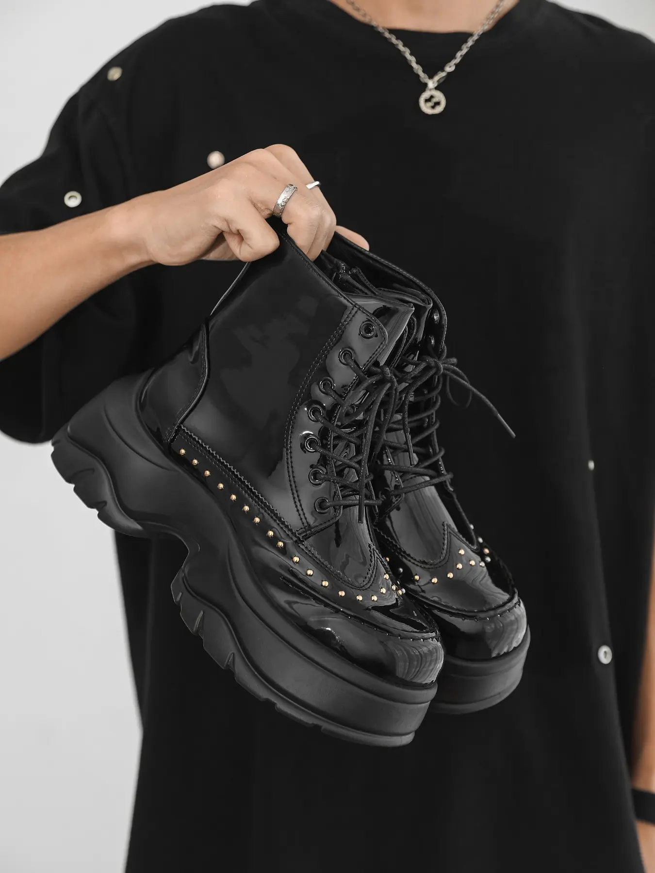 Men's Black Large - Size Thick - soled Work Boots, Punk Functional Style, Leather - spliced Material, Thick Sole & Eye - catching, Comfortable on Feet, Ideal for Daily Outfits & Street Outings