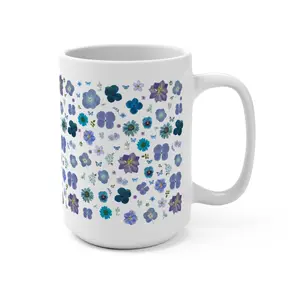 Boho Pressed Flowers 15 Oz Coffee Mug with Cozy Cottagecore Aesthetic: Cute Shades of Blue Flower Mug with Butterflies, Garden Lover Gift