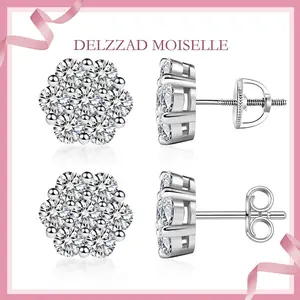 Delzzad Flower Stud Earrings Screw Back/Butterfly Back VVS Synthetic Moissanite Earrings S925 Daily Costume Jewelry Accessories Perfect Birthday Anniversary Gift for Women