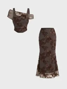 Women's Spring Summer Mesh Embroidered Floral Waistcoat + Mermaid Long Dress Set, Elegant Party Gown, Light Mature Style, 2-Piece