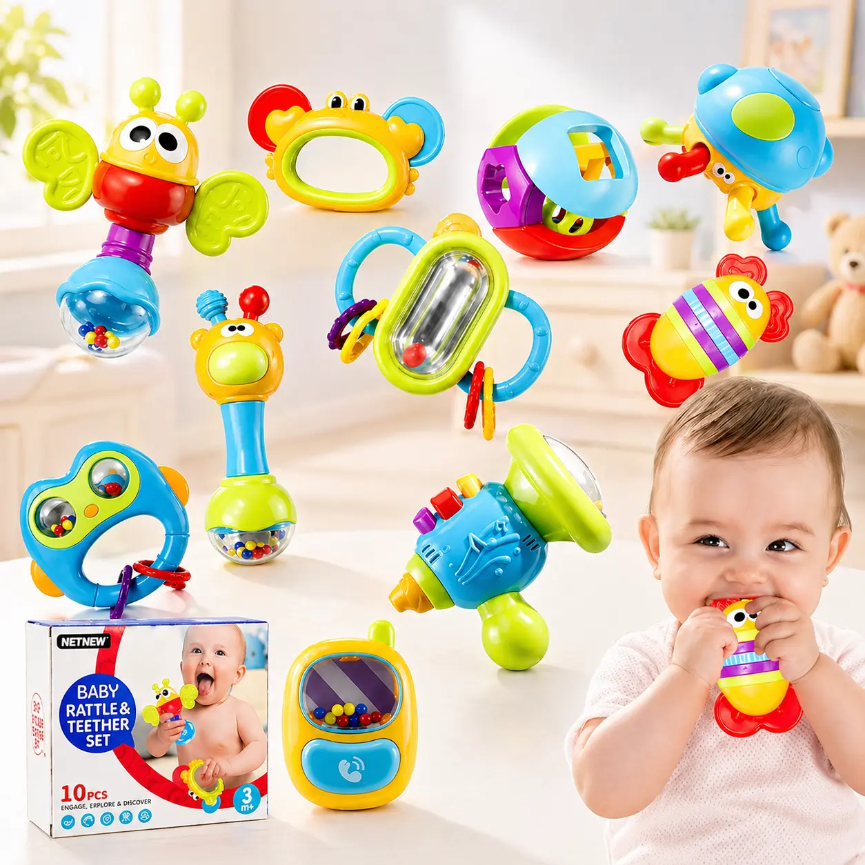 10-Piece Baby Rattle and Teether Set for Babies 0+ Months, Colorful Infant Sensory Toys with Easy-Grip Shapes, Shaking Sounds and Textured Teething Toys, Newborn Baby Shower Gift