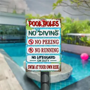 Rustic Art 8x12 in Alloy Pool Rules Sign - Water Proof, Wall-Mounted, 6 Safety Guidelines Including No Diving, Home Decor Plaque for Indoor & Outdoor Pools