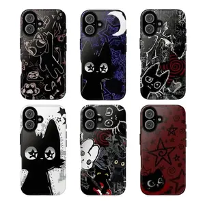 Spooky Creepy Cat Tough Phone Case for iPhone 17, 16, 15, 14, 13, 12, 11 Pro Max Plus, Goth Aesthetic Star & Moon Design, Trendy Protective Case for Cat Lovers, Unique Gift for Halloween & Gothic Style Fans