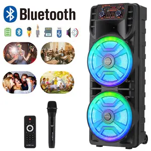 Portable Bluetooth Speaker Dual 12" Woofer Wireless Microphone Karaoke Machine PA Speaker System DJ LED Lights For Big Party Outdoor USB/TF/BT/AUX/TWS