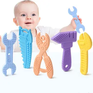 Baby Teether Toy, 5 Counts/set Hammer Wrench Screwdriver Shaped Silicone Teether Toy, Soft Textures Baby Soothing Teether, Newborn Teether Toy, Sensory Teether