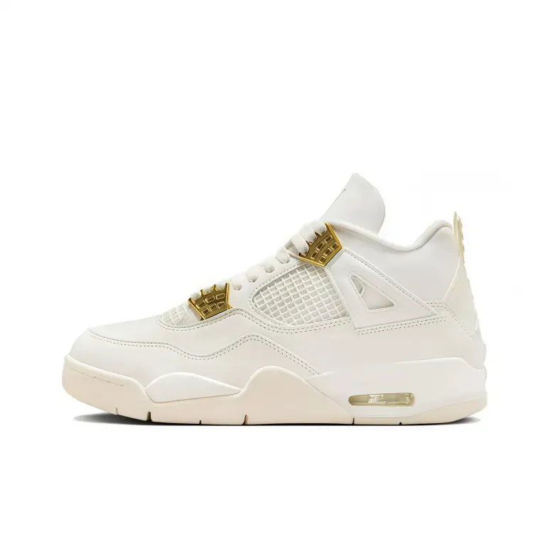 Unisex mid‑top basketball‑style sneakers feature smooth cream‑white leather upper with polished gold metal lace locks. Tonal mesh side panel and visible heel air unit deliver breathability and cushion. Luxe minimalist look fits streetwear and daily