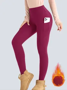 1PC Women's Winter High Waist Fleece Lined Leggings, Tummy Control Pocket Outdoor Sports Warm Pants, Solid Tight Fit Fitness Yoga Pants with Pockets