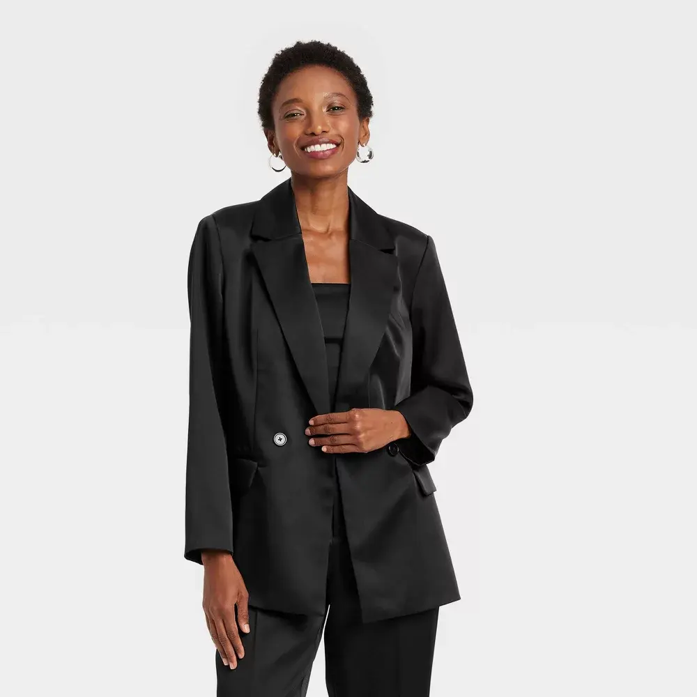 Women's Structured Satin Blazer - A New Day Black XS