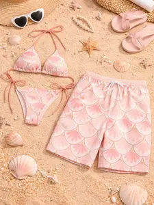 Blush Shell Couple Swimwear Set – Matching Bikini & Men’s Beach Shorts, Elegant Summer Vacation Beachwear, Coastal Resort Style Outfit