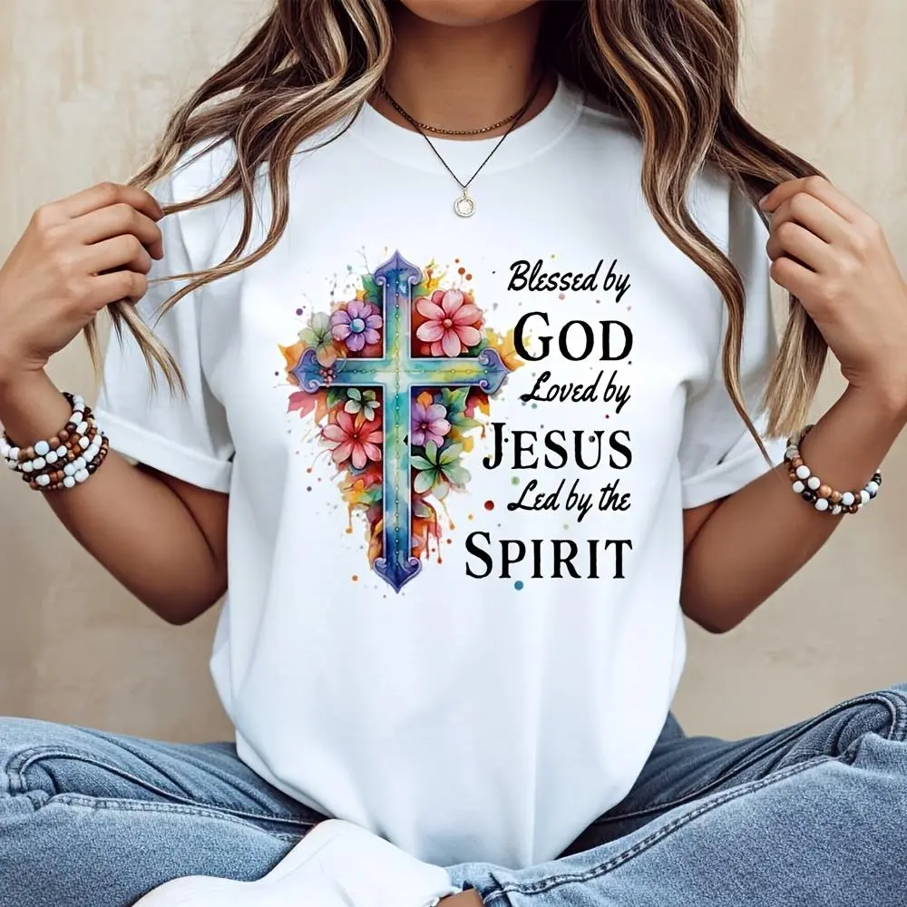 Floral Cross Blessed By God Loved By Jesus Led By The Spirit Print, Neck Drop Shoulder T-Shirt, Christian Faith Religious Theme, Church Wors