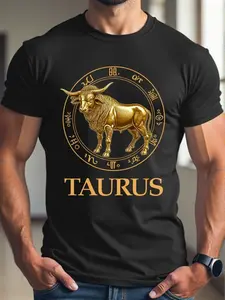Men'S Vintage Taurus Zodiac T-Shirt - Ornate Bull & Astrological Symbol Graphic, White & Golden Retro Design, Regular Fit Round Neck Casual & Formal Astrology Apparel for Men, All-Season Comfort, Birthday Gift for Taurus Men, Everyday Comfort