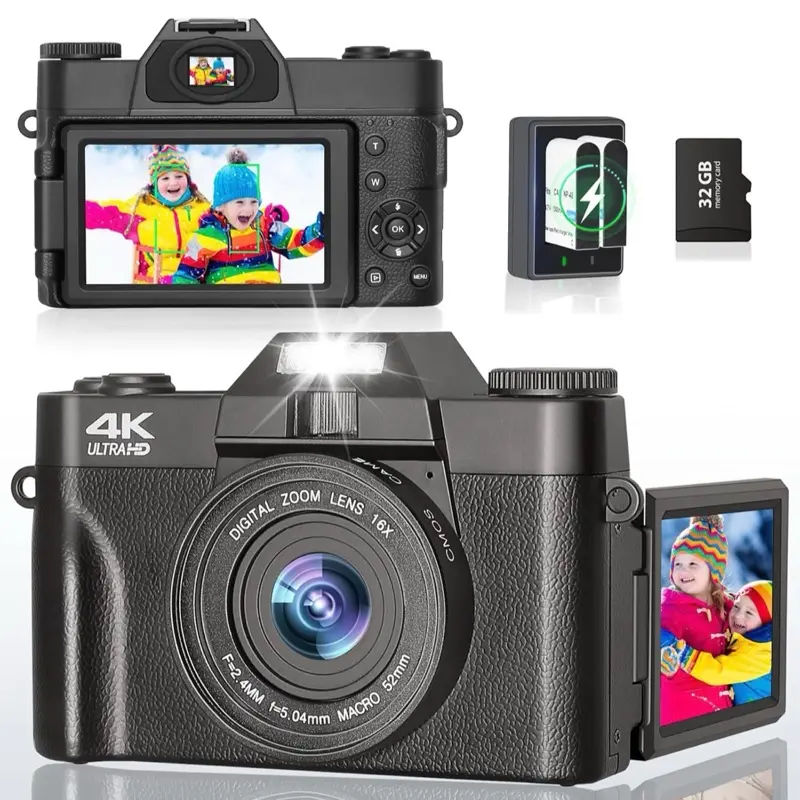 4K Digital Camera for Photography & Video with 56MP CMOS Sensor, 16X Zoom, Flip Screen, Ultra HD Vlogging for YouTube, 32GB Card, Black