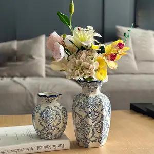 Vintage French Floral Ceramic Vase, Round Ripple Mouth Design, Elegant Home Decor Desktop Flower Pot, High-Value Vase for Living Room, Decorative Vase