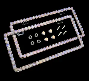 Dazzling Addiction 2 3D Bling License Plate Frames Big Chunky Baby Light Pink AB Pearls Made in USA Handmade 1 Row Holder Screw Caps Personalizable Customized Bedazzled Sparkly Shimmering Gift for Girls Women 2 Holes Crystals Diamond Iridescent