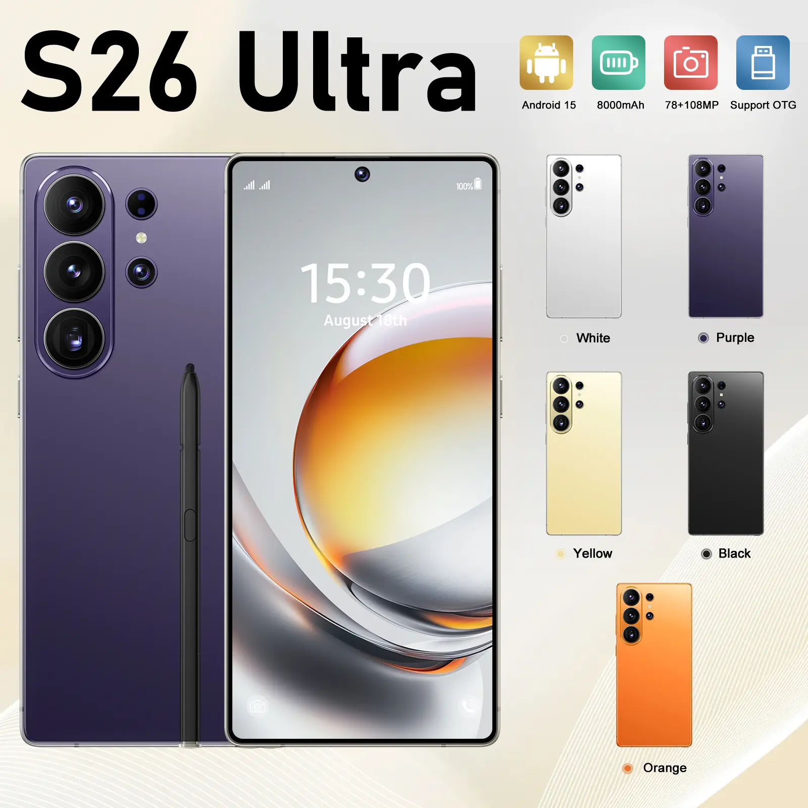 2026 S26 Ultra Unlocked 5G Android 15 Smartphone,12GB+512GB,6.99" HD Display,78MP+108MP Cam,8000mAh, Dual Card, Built-in Pen, Face Unlock, Case & Protector