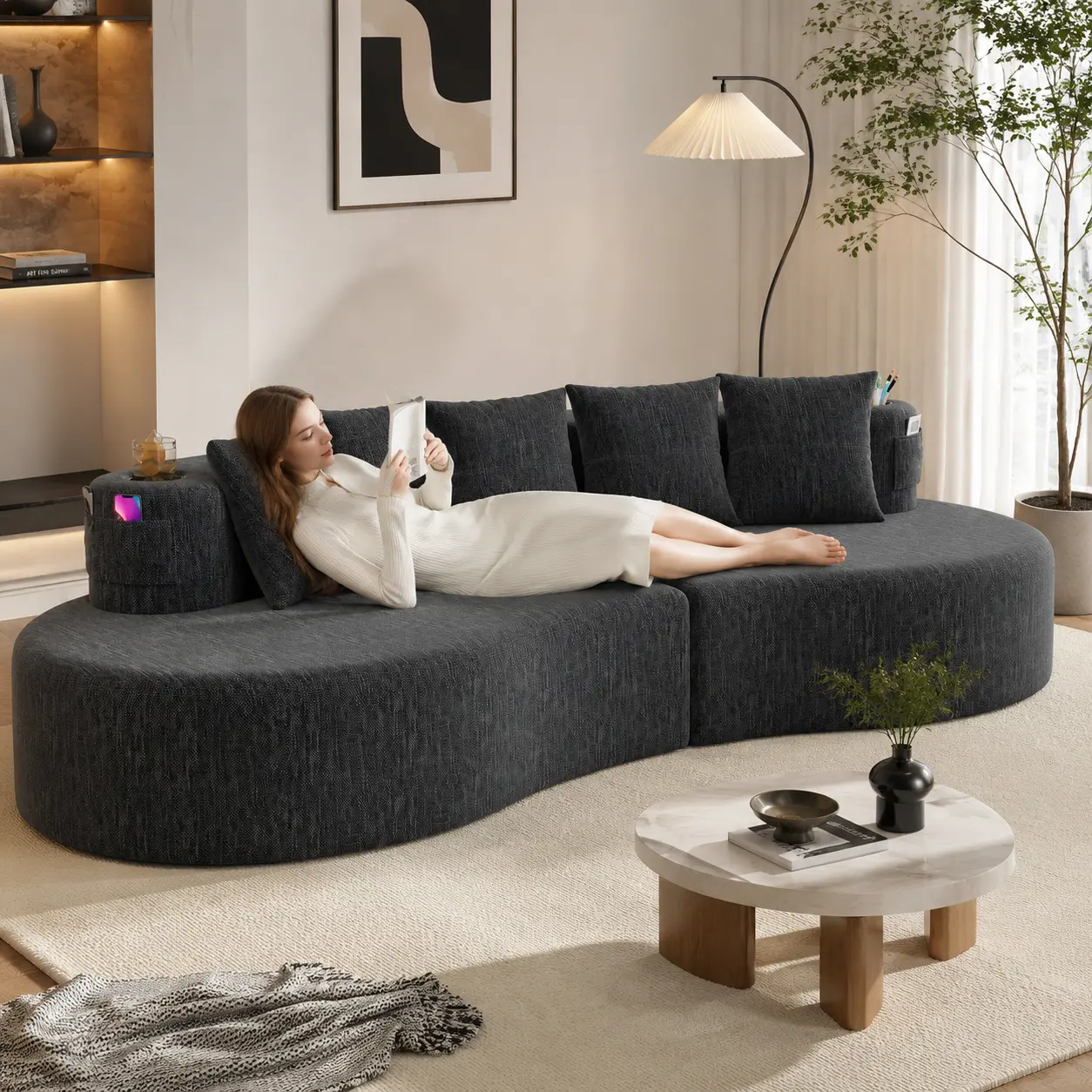 3-Seat Modern Boneless L-Shape Modular Sofa - Neutral Comfy Classic Couch with Horizontal Armrest, Curved Half Moon Compressed Design, Clean Aesthetic Indoor Furniture for Office, Living Room Casual Gatherings