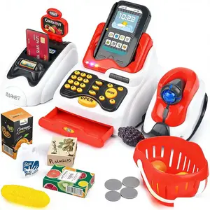 Toy Cash Register with Scanner, Fruit Card Reader, Credit Card Machine, Money and Food Play Set, Role Play, Educational Gift