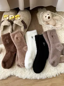 Women's 5 Pairs Bow Plush Cute Textured Soft Comfy Socks, Fall & Winter Vintage Mid-Calf Thick Warm Sleep Socks, Christmas Gift New Year Present