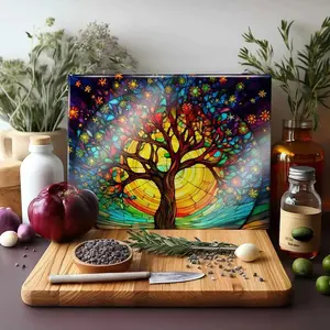 Multicolor Colorful Tree Stars Glass Cutting Board