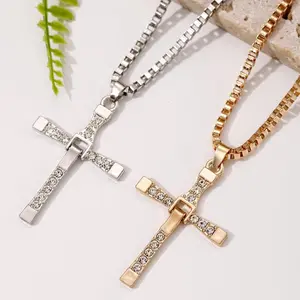 New European-American Style Diamond-Encrusted Rhinestone Finish Cross Emblem Necklace, Hip-Hop Costume Jewelry, Cross-Border Accessory, Cross Emblem Necklaces, Diamond Cross Necklaces