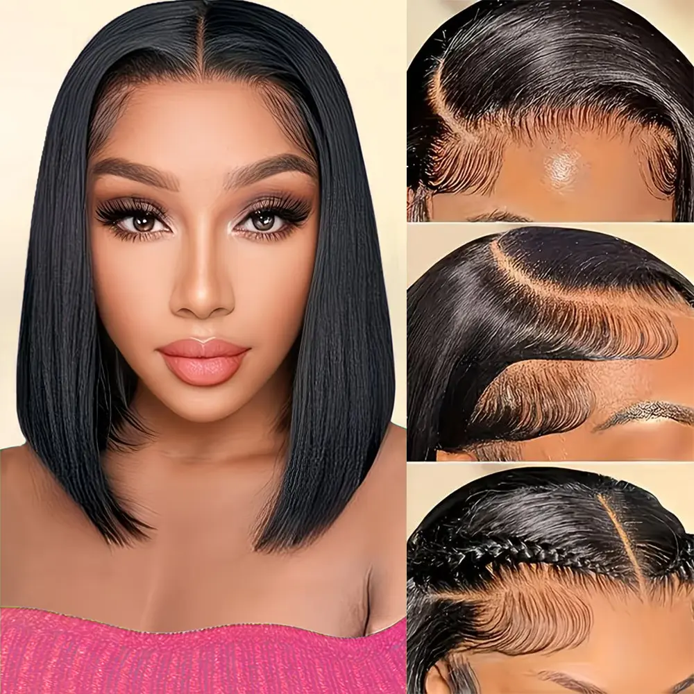 Foypot 13x4 HD Lace Front Wigs Pre Plucked Short Straight Lace Frontal for Black Women 180% Density Glueless, Nature BlackNatural Look, Lace Front,Daily Wear