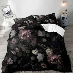 3PCS Black Floral Duvet Cover King Bedding Set, Gothic Bedding, Dark Moody Victorian Retro Blossom Botanical Vintage Peony Rose Flower Comforter Cover, 2 Pillow