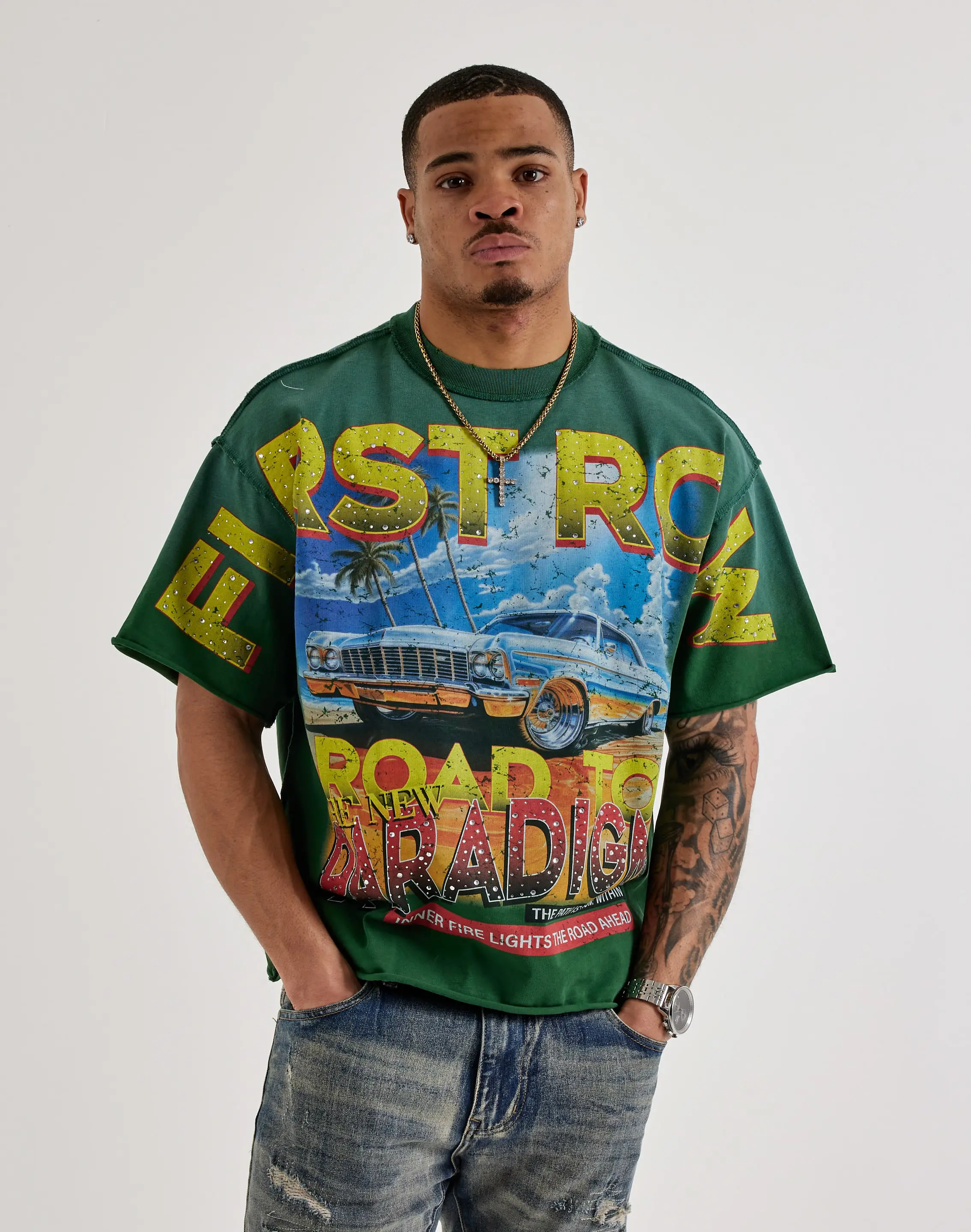 Mens First Row Cropped Road Rhinestone Tee