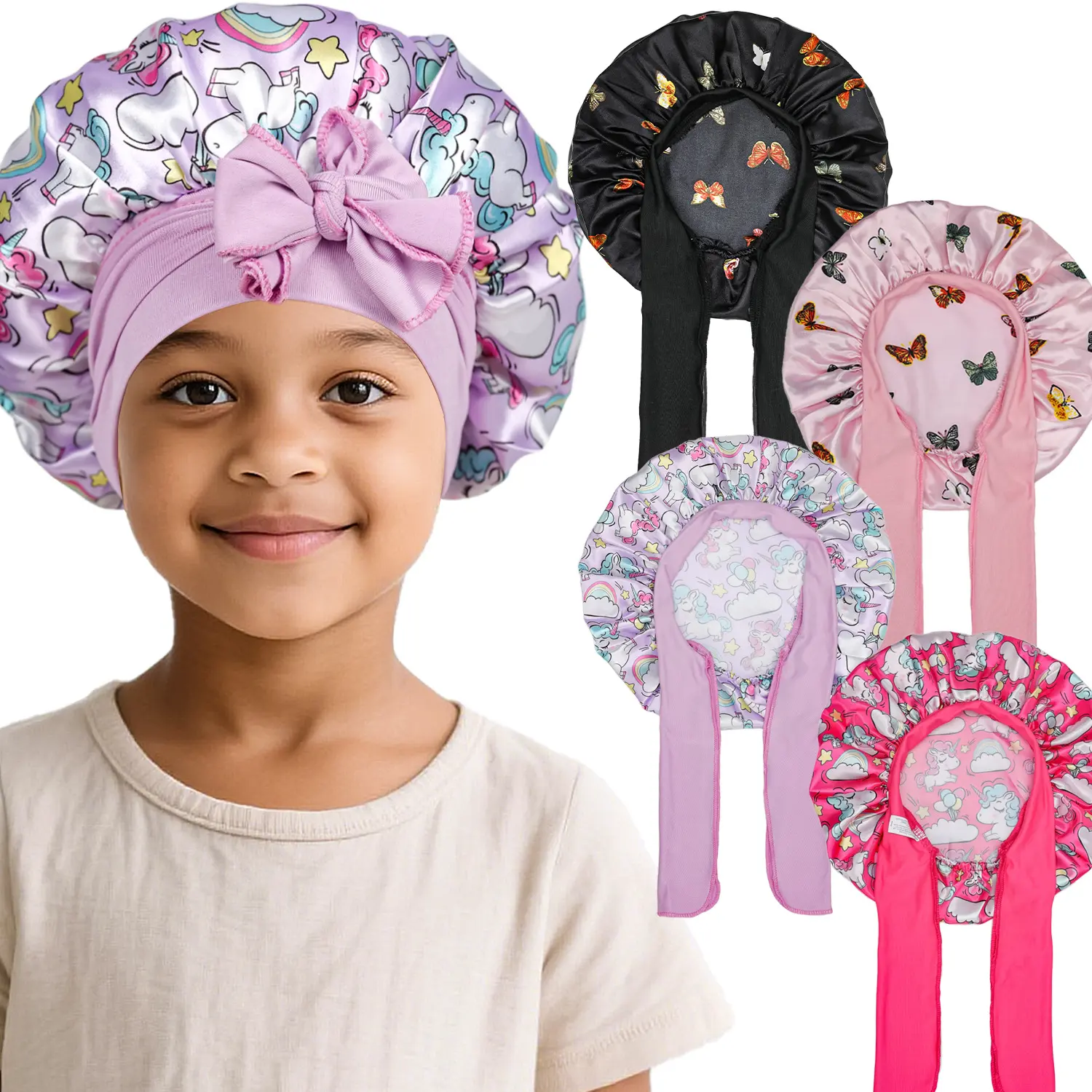 Kids Soft Satin Elastic Hair Bonnet - 1-Size-Fits-All Sleeping Haircare Accessory with Tie Strap, Unicorn Print, Flowy Ribbon for Night Use, Sleeping Bonnet, One Size Fits All