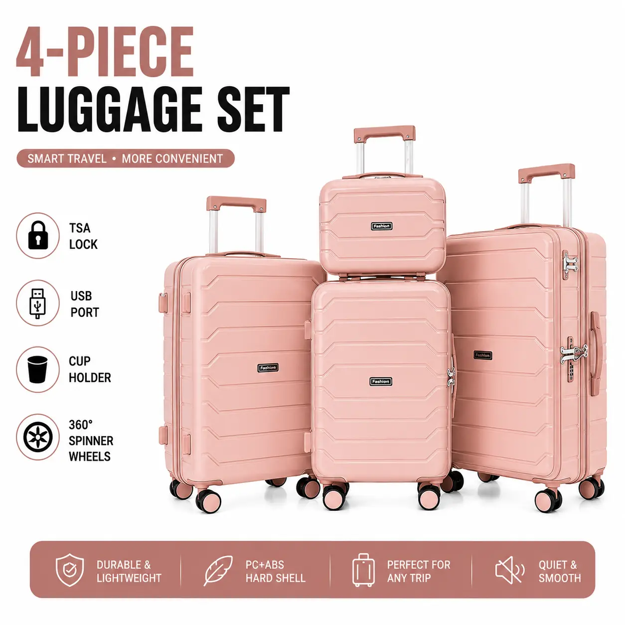 Modern Multifunctional 4-Piece Hardshell Luggage Set, TSA Approved Luggage with TSA Lock, Cup Holder for Cup Stays Put, Lightweight Design, Free-Rolling Wheels - Carry-On Compatible Travel Bag for Spring Break, Weekend Getaway