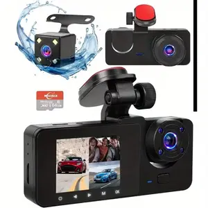 3-Channel Dash Cam for Cars, Front, Rear & Inside Cameras, 64GB Card Included, 1080P HD, IR Night Vision, Loop Recording, G-Sensor, HDR, 24-Hour Continuous Recording, Triple Lens Car Camera