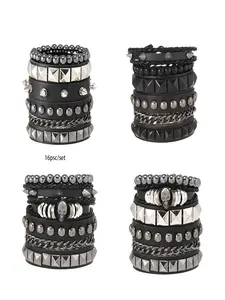 Men Women Punk Bracelets Set, Gothic Rock Jewelry Accessories, Adjustable Emotion Punk Leather Nail Bracelet, Trendy Party Wear