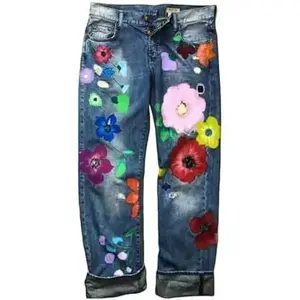 Women Vintage Floral Print High Waist Distressed Straight Leg Jean Loose Baggy Boyfriend Ripped Flower Denim Pant(Sheet)