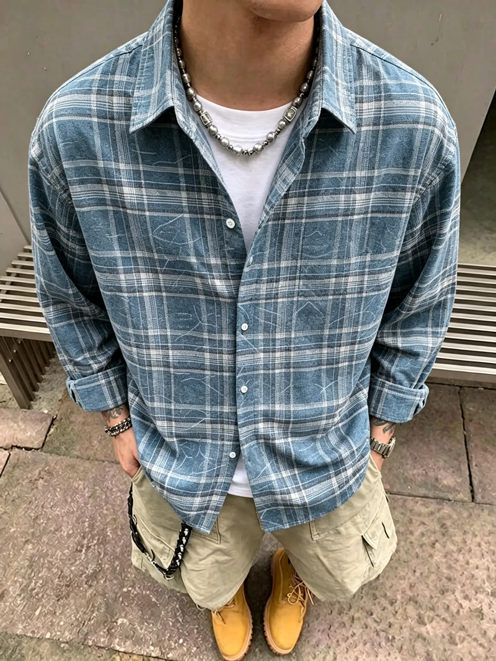 Men’s Vintage Blue Plaid Long-Sleeve Button-Down Menswear Top, Stylish Loose Oversized Casual Lightweight Tartan Collared Flannel Shacket (No Chest Pocket) for Street Daily Wear in Spring & Fall