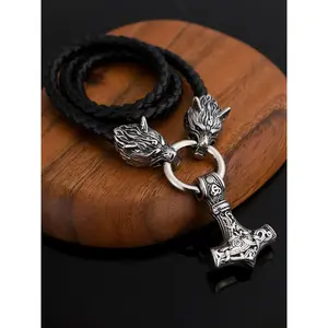 Vintage Viking Hammer Wolf Design Pendant Necklace, Punk Jewelry for Parties, Everyday Outfit Decoration, Trendy PU Leather Strap Jewelry for a Birthday Gift (without box)