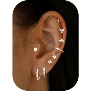 New Model 14K Gold Plated Surgical Steel Earrings 9 Pairs Flat Back Earrings Small Cartilage Hoop Earring for Women Trendy Hypoallergenic Flatback Stud Stacks for Multiple Piercing Lightweight Jewelry