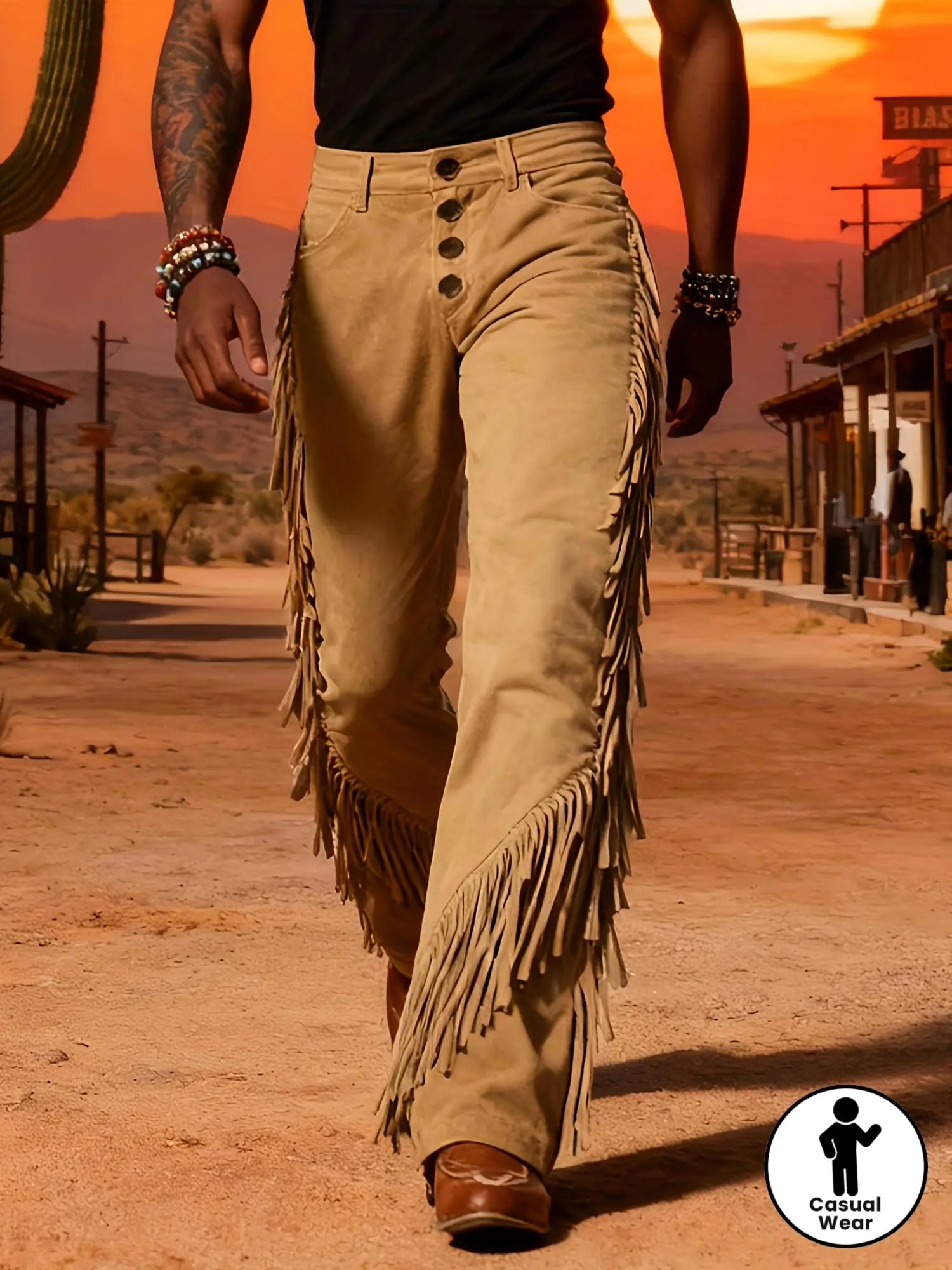 Men'S Casual Fashion Retro Western Fringed Long Trousers