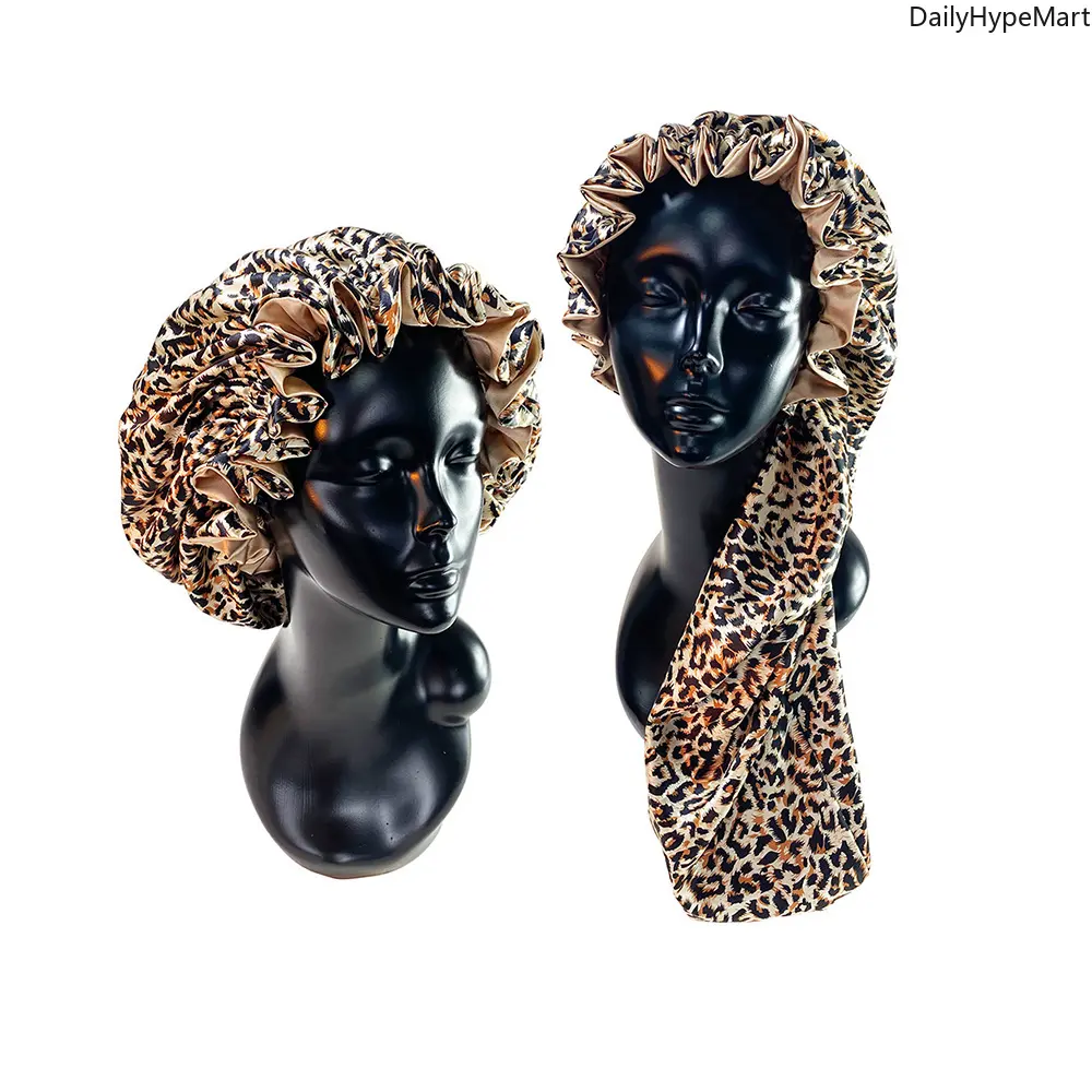 Women's Leopard Print Satin Bonnet - Double-Layer PVC Fabric Sleep Cap with Adjustable Stretch Fit for Natural Hair Protection, Haircare