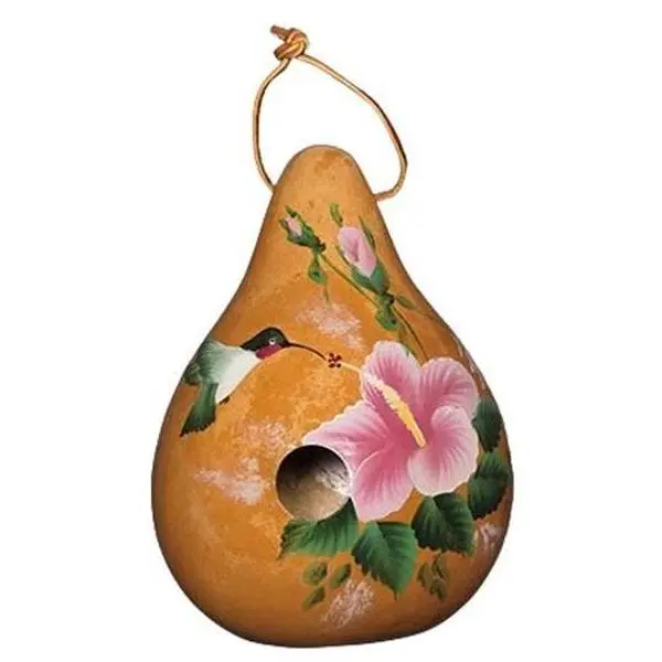 HUMMINGBIRD on HIBISCUS BIRDHOUSE - Hand Painted Flowers Gourd Bird House USA