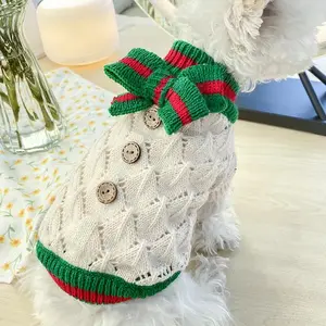 Pet handmade knit Sweaters with bowknot Christmas outfits holiday Dog cat Sweaters Warm Pet Sweater for Fall Winter green red ugly sweater