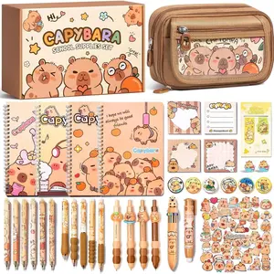 THE HANDY HIVE Kids School for Girls, 36PCS Cute Capybara Stationery Set with Pencil Case Gel Pens Pencils Stickers Notebooks Sticky Note Kawaii Birthday Christmas Gifts for Kindergarten Elementary