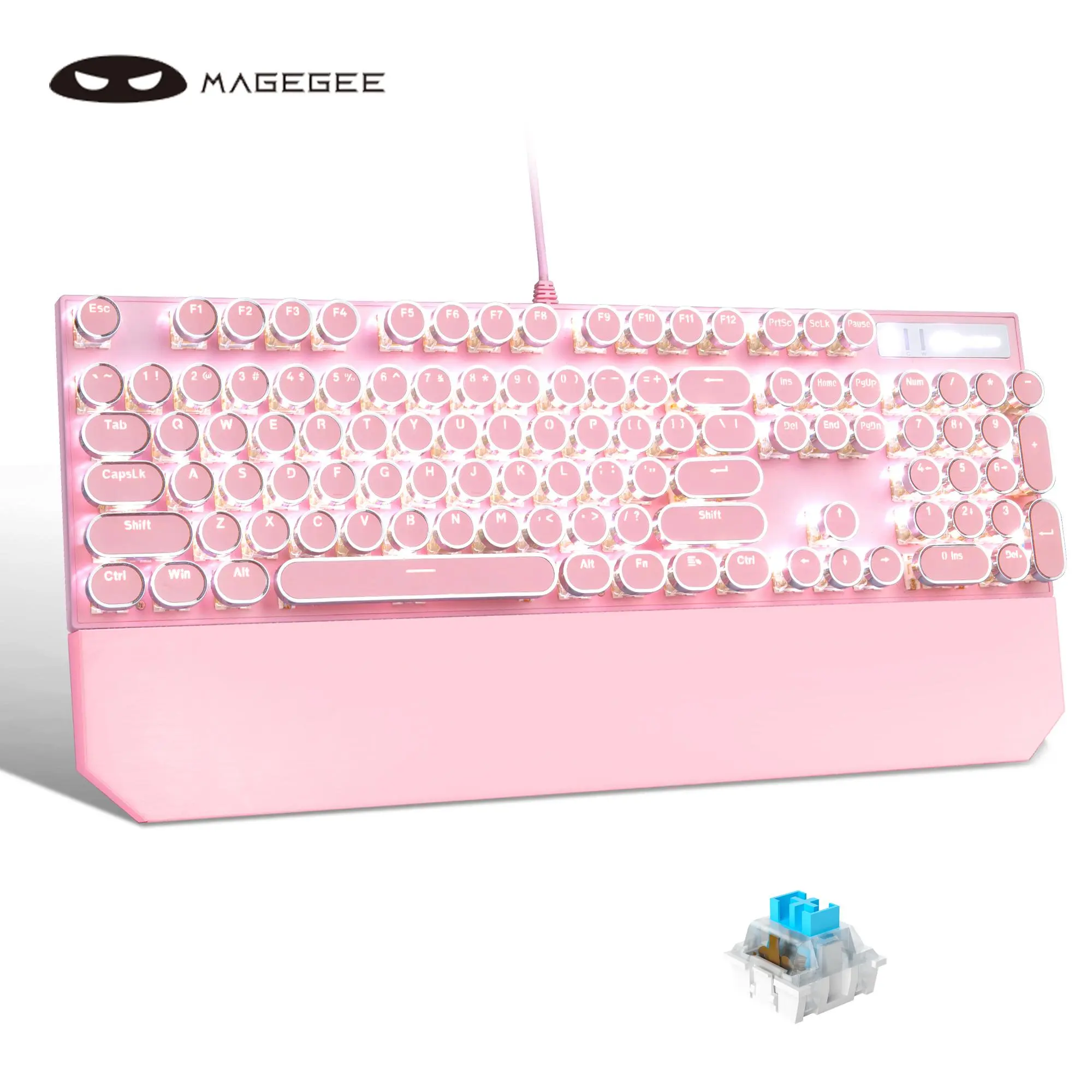 MageGee MK-Storm Full Size 104-Key Punk Style Retro Typewriter Mechanical Keyboard, PC Accessories Gaming, Gaming Setup, Alloy Panel, Backlighted Keys, Clicky Sound, MK-Punk Black-Blue Switch, Durable Ergonomic Keyboard with Wrist Rest