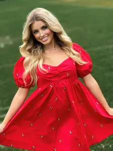 American Graham Apparel Coach's Favorite Red Embroidered Football Dress - Casual Short Sleeve Sweetheart Neckline Puff Sleeves Women's Day Wear for Game Day & Beyond