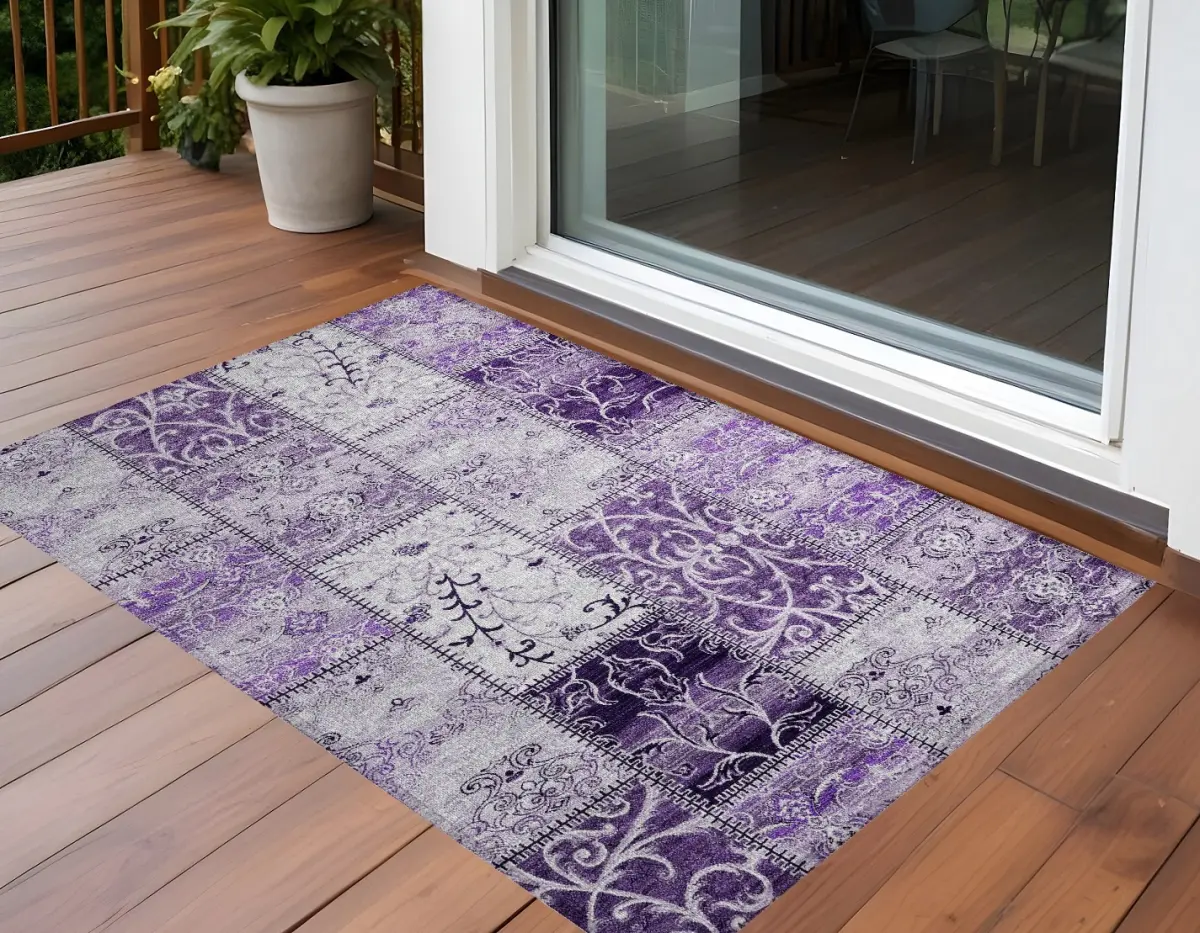 HomeRoots 563565 Small Size Rectangular Outdoor Area Rug, 2 x 3 ft. Purple Patchwork, Machine Woven, Washable, Non-Skid, Indoor-Use Compatible, Outdoor Area Rugs, Rectangular Area Rugs