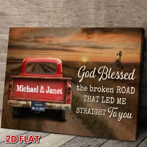 [Thoughtful Gift] Personalized Vintage Truck Farmhouse Canvas Wall Art - Customizable Names & Dates, Rustic Sunset Landscape with Windmill, Wrapped Canvas Frame, Horizontal Wall Decor for Living Room, Bedroom, Office - Thoughtful Gift for Home Decor, Wes