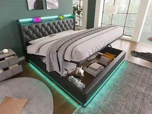 Full Size PU Upholstered Bed - 360 Surround LED Function, Buttons/Apps/Remote Control, Hydraulic Storage, USB Type-C Charging, Black (Without Mattress)