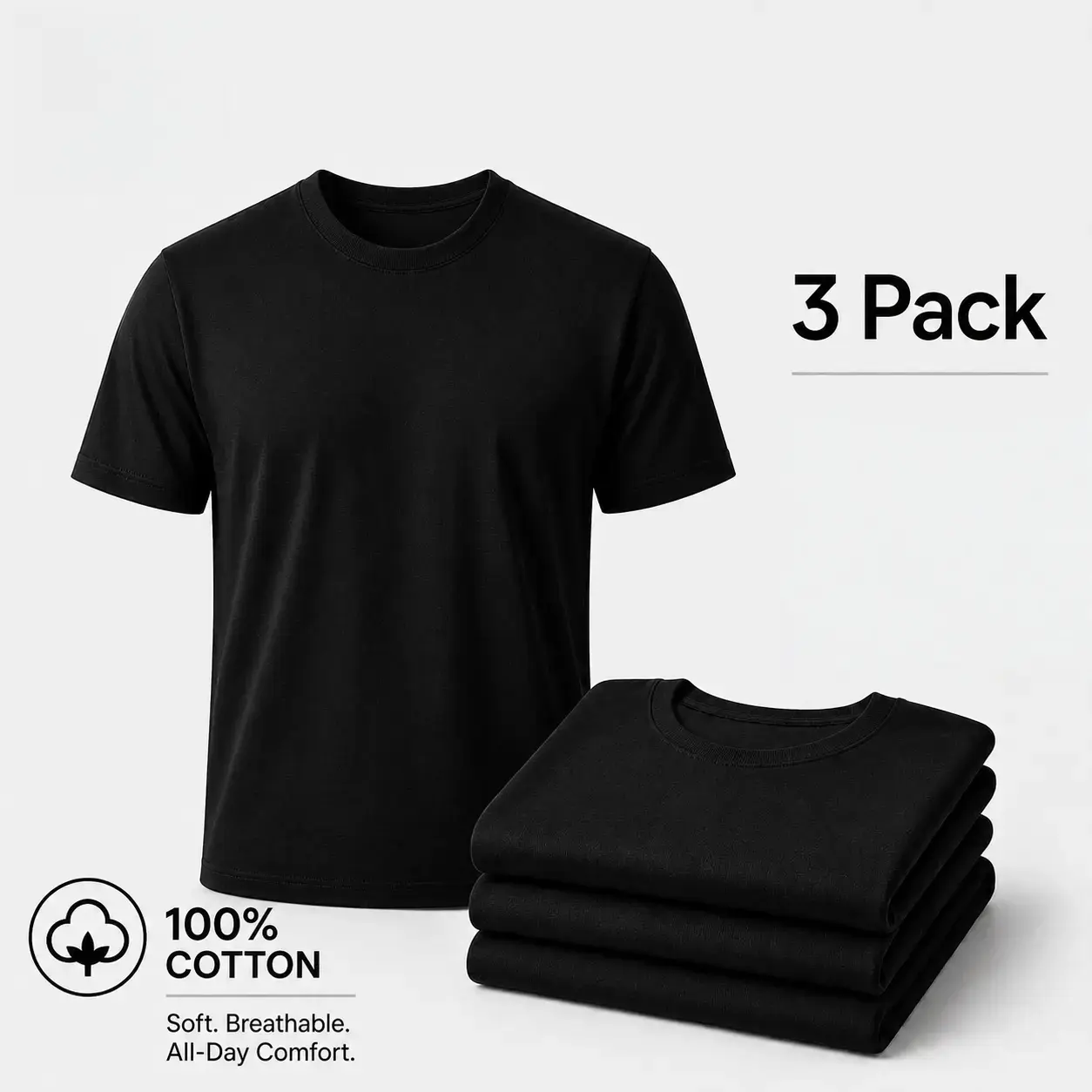 Men's 3-Pack 100% Pure Cotton Crew Neck Basic T-Shirts, 180 GSM Soft & Breathable Tops in Black & White, Sizes S-3XL, Tshirt for Outdoor Fun