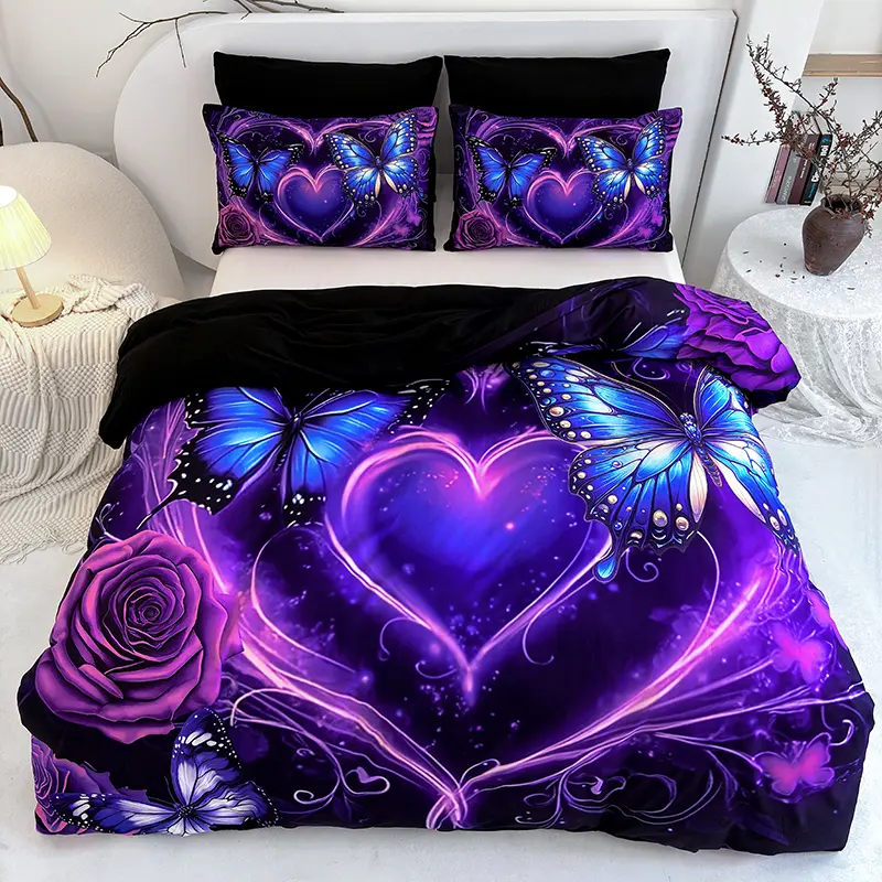 Elegant 3D Butterfly & Rose Bedding Duvet cover Set - Breathable Polyester Fabric with Zipper Closure, Machine Washable, All-Season Comfort - Includes 1 Duvet Cover and 2 Pillowcases (Without Pillow Core)