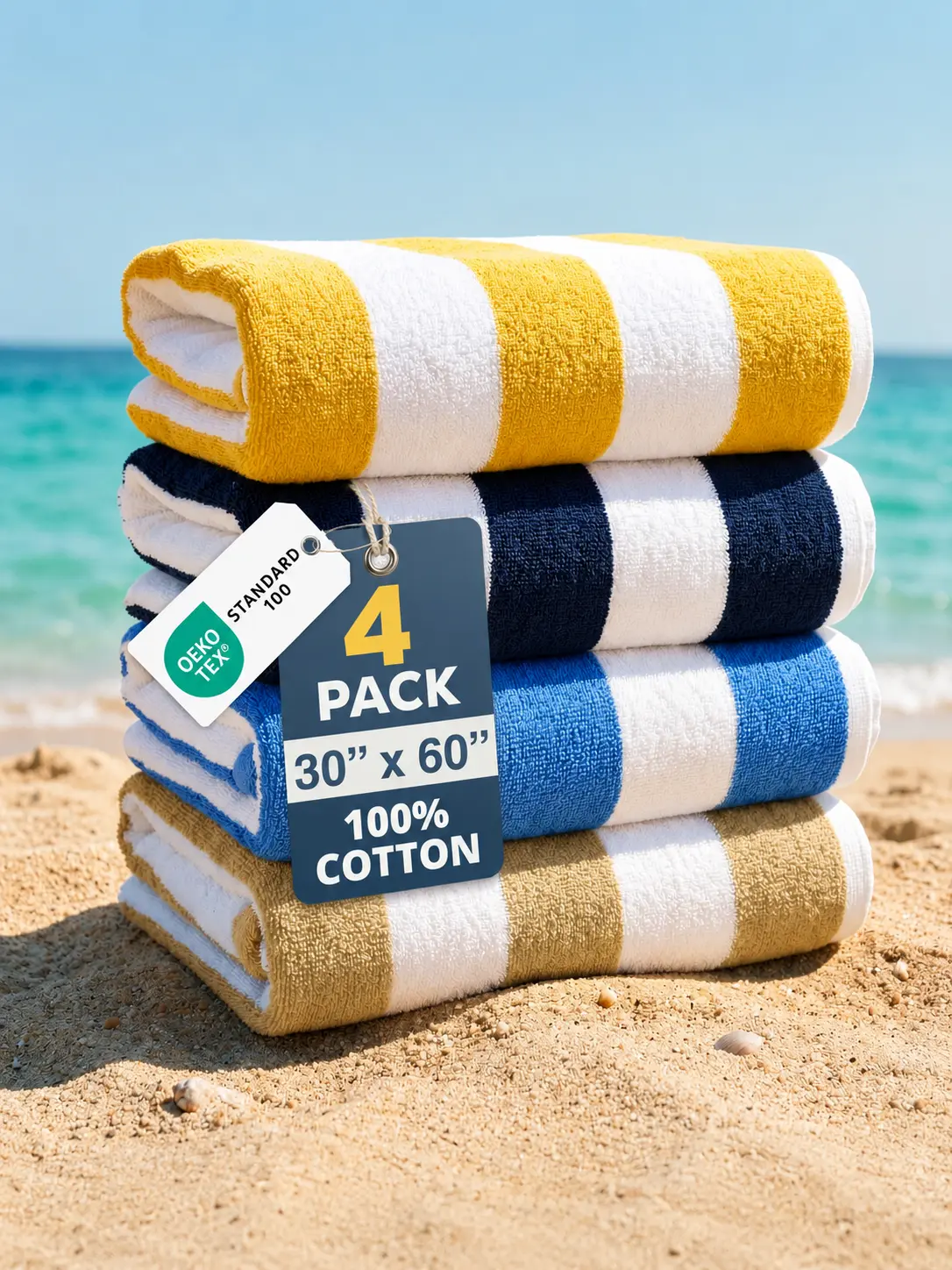 LANE LINEN Unisex Oversized 100% Cotton Beach Towels (4-Piece & 6-Piece Bulk Packs) - 520 GSM, 30"x60", Lint-Free, Lightweight, Thick, Water-Absorbent, Quick-Dry Cabana Stripe Beach Necessities for Adults